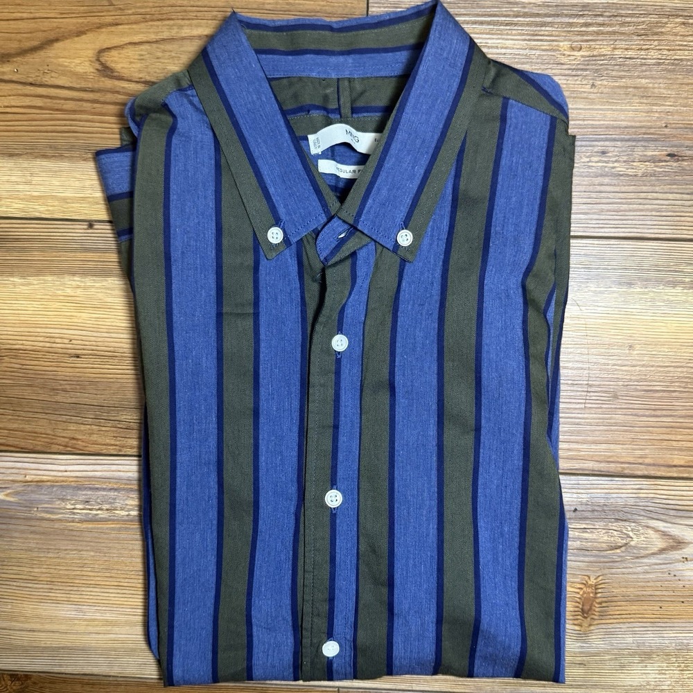 MNG Mango Man Regular Fit Button Down Shirt Men Small Blue Green Striped Cotton